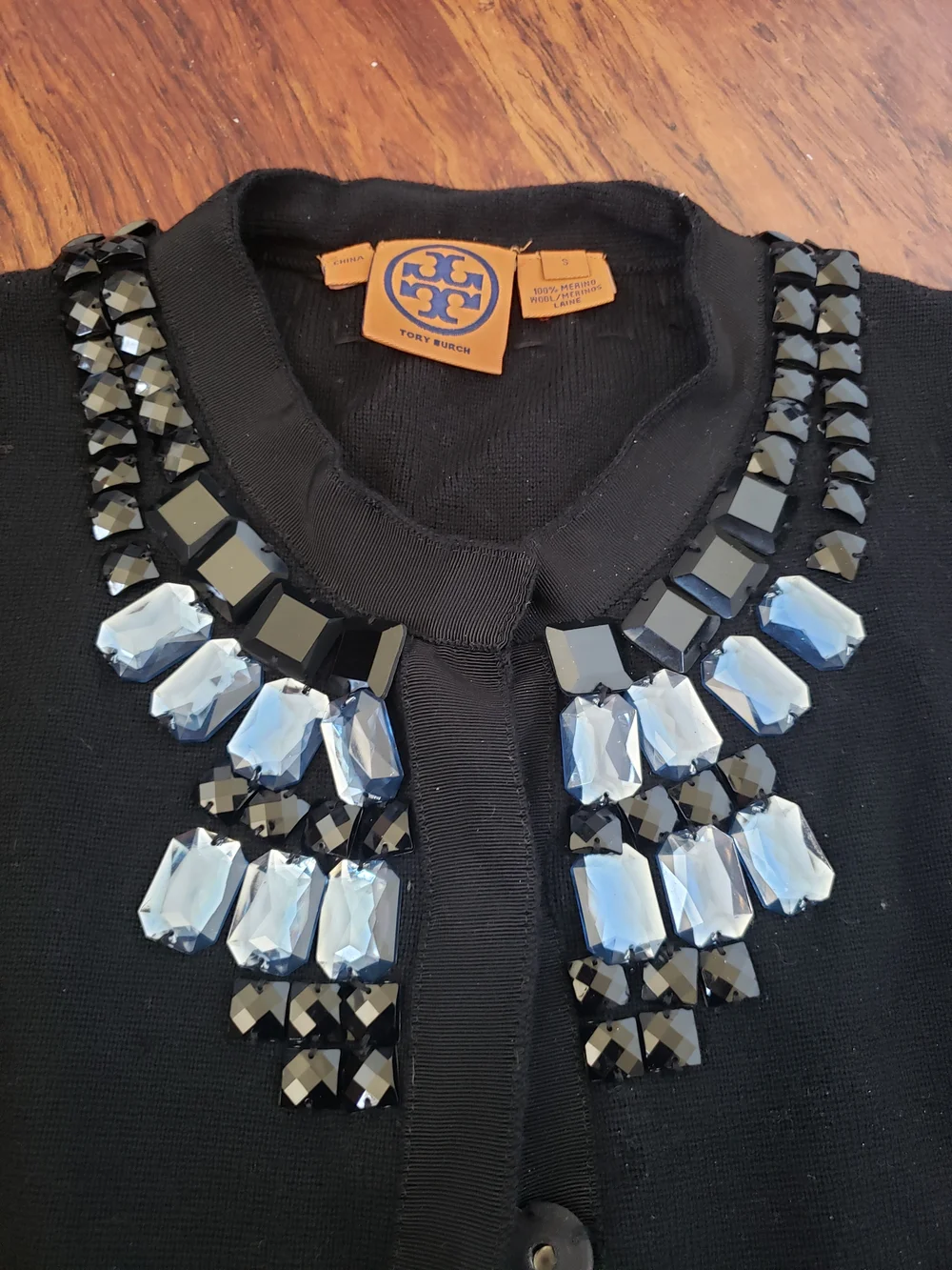 Tory Burch Black Jeweled Neck Wool Cardigan Size Small Preppy Workcore Quiet Lux